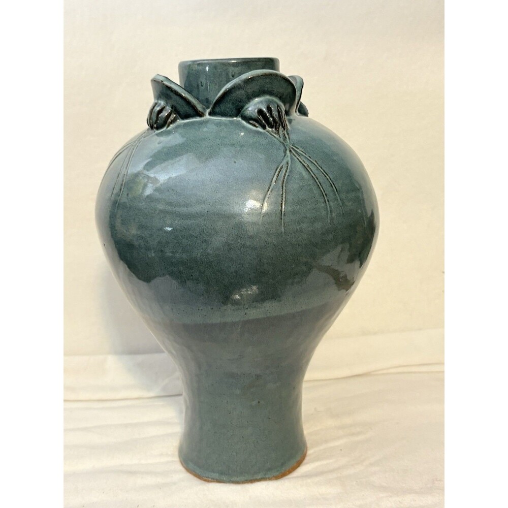 Skyler Jess Studio Art Pottery Vase 11.25" Teal Blue Green Scalloped Lotus OOAK